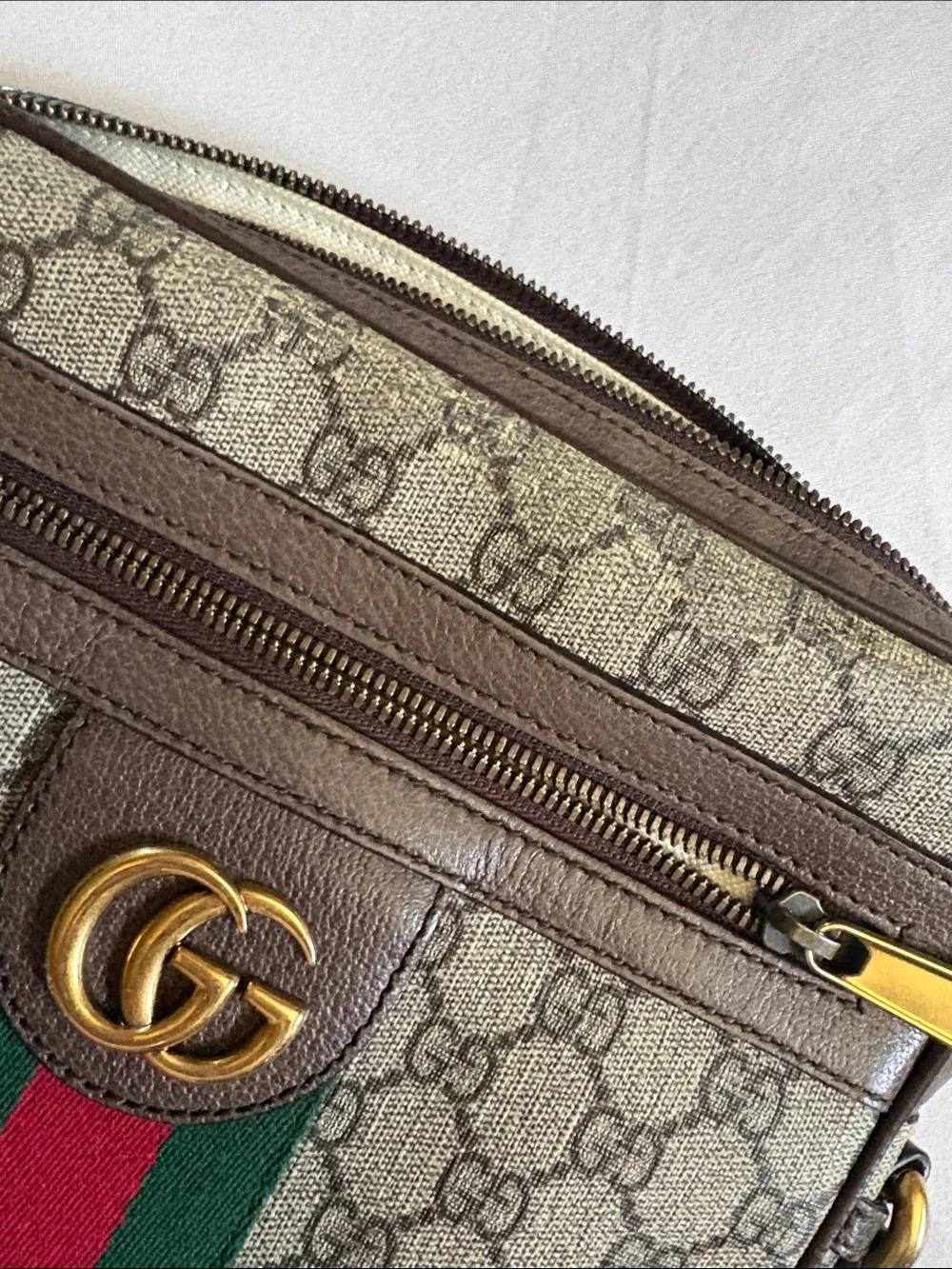 Gucci Beige GG Supreme crossbody with Green-Red Web and Brown Trim